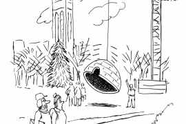 A cartoon of an igloo being dropped by a crane onto Swarthmore's campus